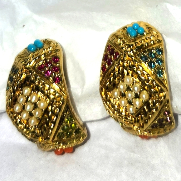 Vtg 1980s D'Orlan Bijoux Gold Plated Beaded Clip Hoop Earrings Buried Treasure? - Picture 2 of 4